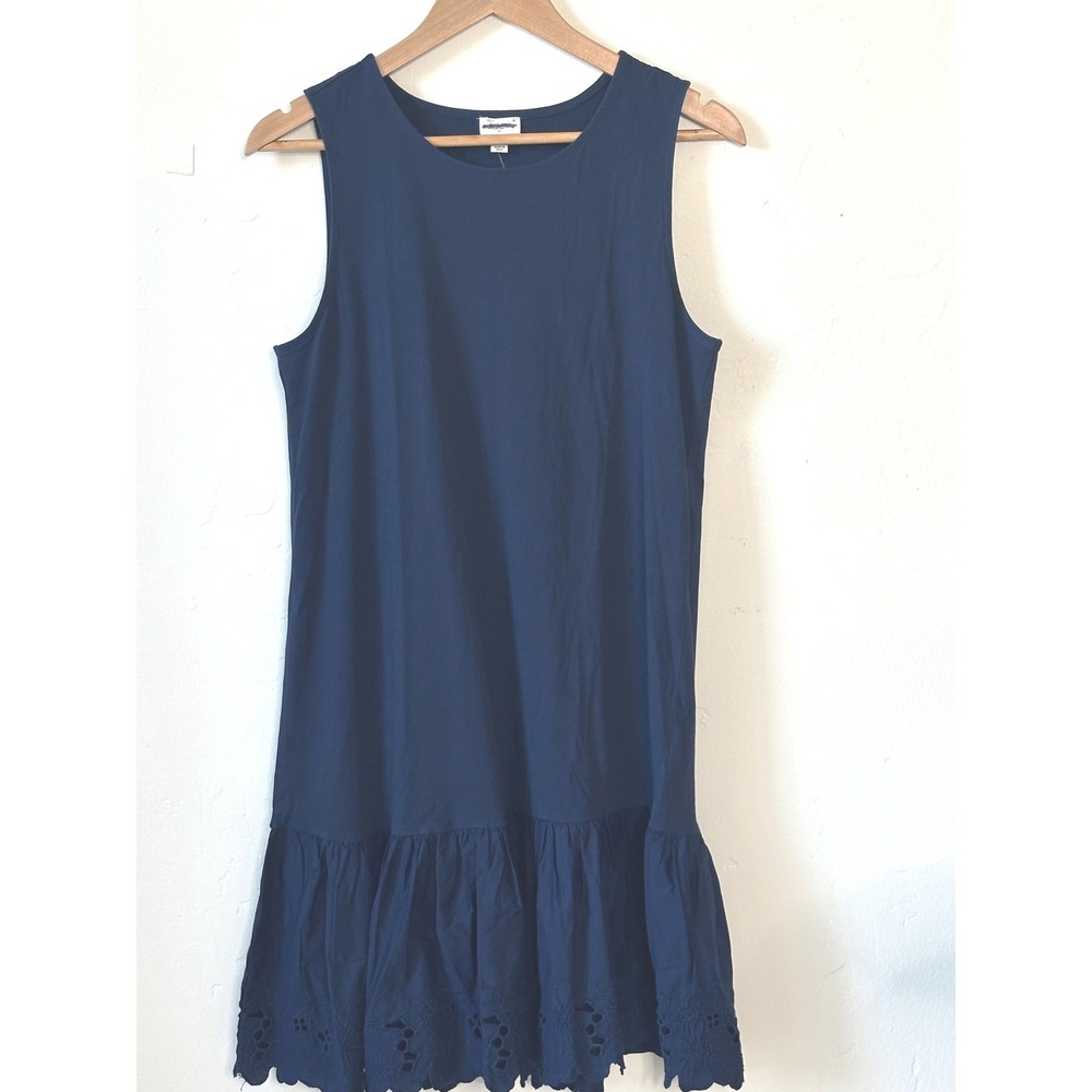 NEW J.Crew Mixed-Media Mini Dress Size Medium Navy Blue Eyelet Ruffle Hem Cotton